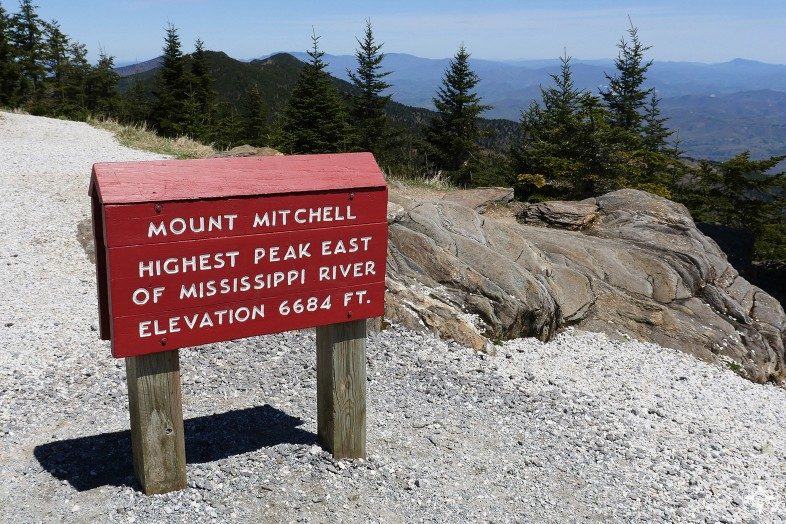 Mount Mitchell sign, highest peak east of Mississippi River, elevation, view