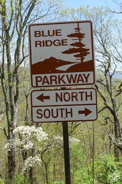 Iconic Blue Ridge Parkway sign, north, south