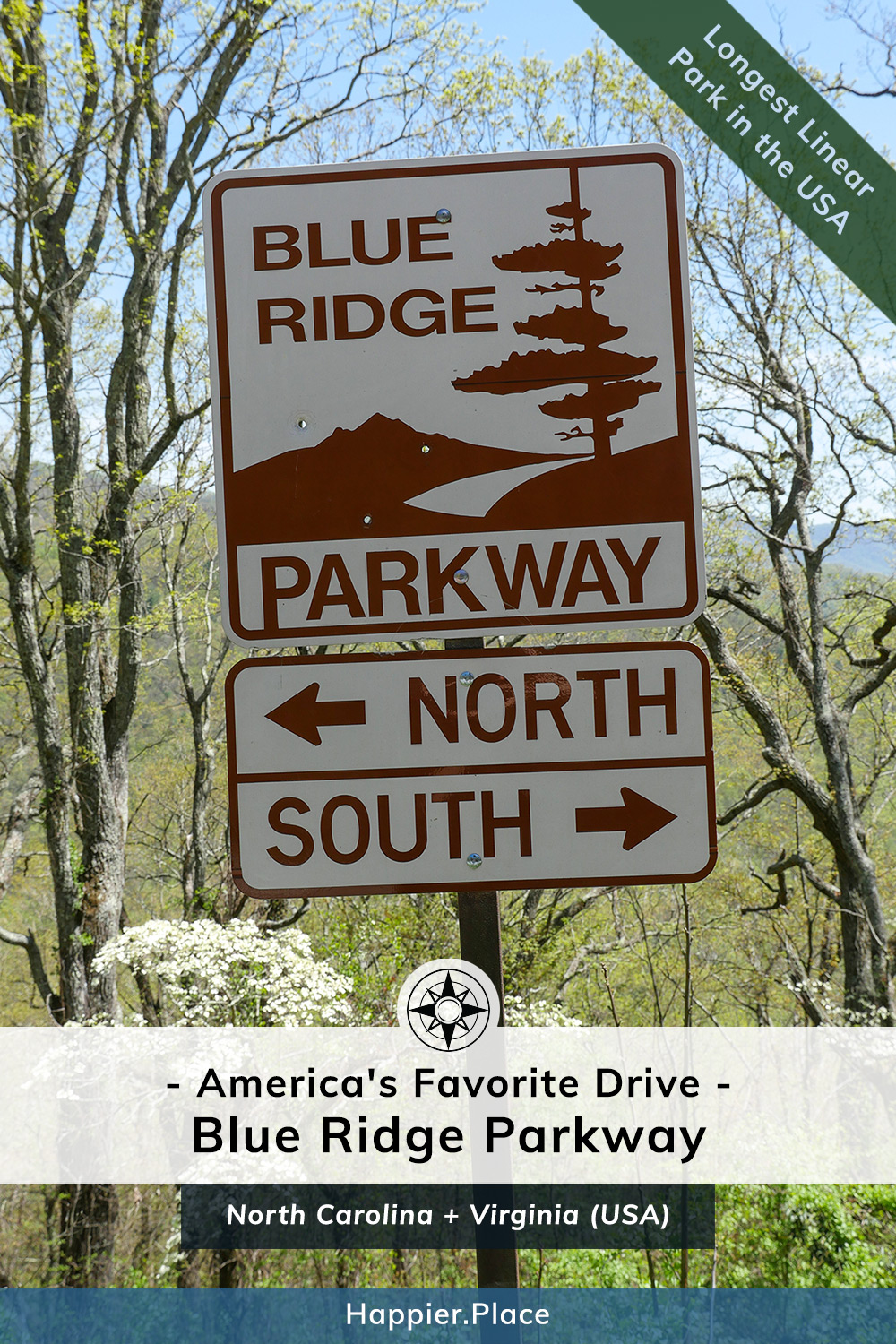 Iconic Blue Ridge Parkway sign, America's Favorite Drive and Longest Linear Park in the USA, Happier Place, Virginia, North Carolina