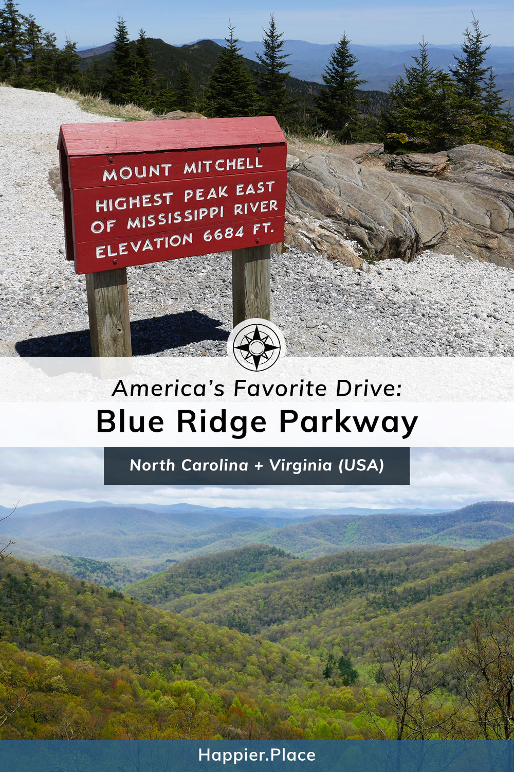 Blue Ridge Parkway: America's Favorite Drive and Longest Linear Park in the USA from Virginia to North Carolina. Mount Mitchell, highest peak