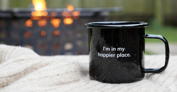 Happier Place Enamel Mug, wool blanket, outdoor fireplace
