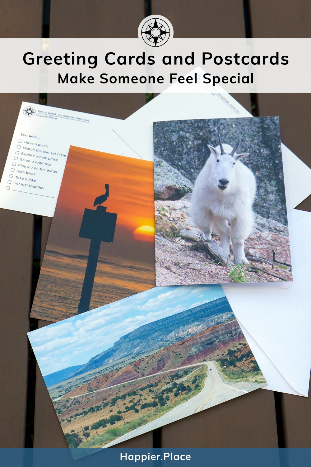 Make someone feel special with Happier Place Cards and Postcards, mountain goat, pelican, sunset, highway, New Mexico