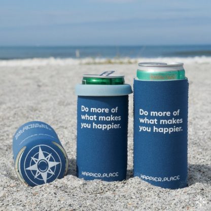 Do more of what makes you happier neoprene slim can coolie, Happier Place, blue, indigo, beach, compass logo