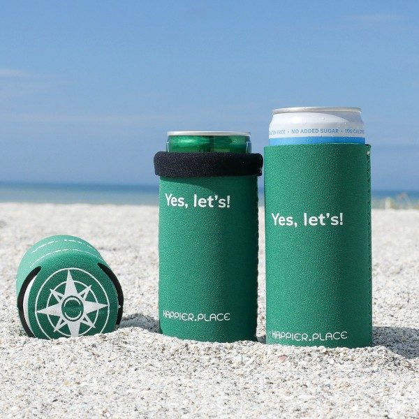 Yes let's neoprene slim can coolie, Happier Place, green, beach, compass logo