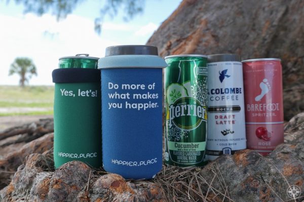 Happier Place Slim Can Cooler folded over fits La Colombe draft latte, Barefoot Wine Spritzers, Perrier short cans, Yes let's do more of what makes you happier