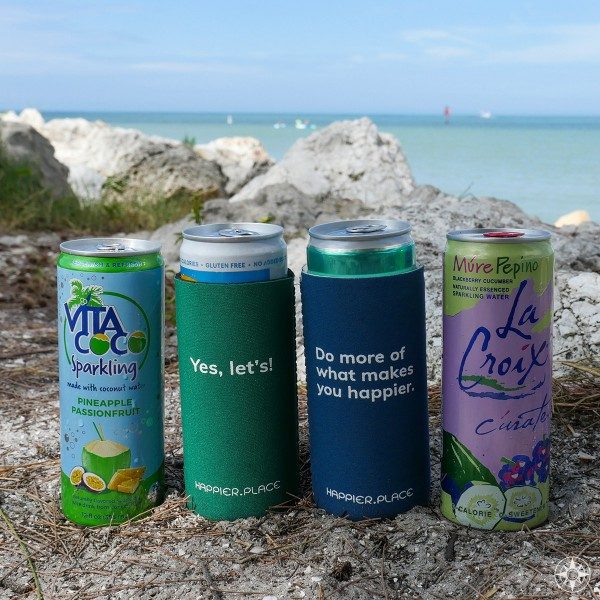 The Happier Place slim can cozies fit perfectly around flavored sparkling waters in slim cans like Vita Coco Sparkling Water and La Croix Curate