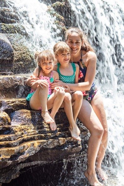 Walking Mermaid and daughters at waterfall in Fall Creek Falls State Park, Tennessee.