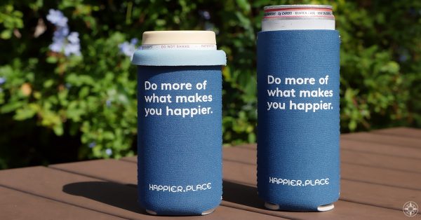 Happier Place indigo "Do more of what makes you happier" Slim Can Cooler fits 12 oz and 9 oz slim cans.