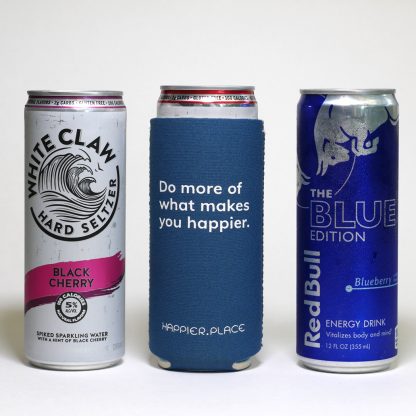 Do more of what makes you happier slim can cooler, fits tall 12 oz slim can, White Claw, Red Bull Limited Edition, Happier Place
