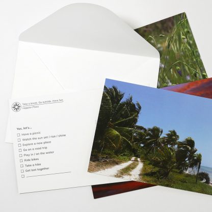 Yes, let's multiple choice postcards, happier place, get outside, beach road, envelope