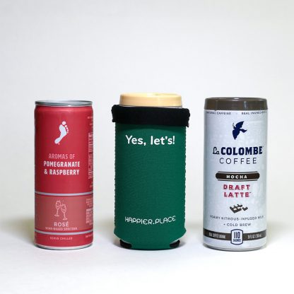 Folded over, Happier Place Yes Let's Slim Can Cozy perfectly fits 8 - 9 oz short cans like La Colombe coffees and Barefoot Wines