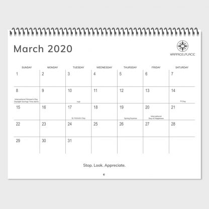 March 2020 calendar page, Happier Place nature photography wall calendar, 2020 holidays, 2020 global holidays, women's day, pi day, Holi, St. Patrick's Day, Stop Look Appreciate, Happiness Day, Spring Equinox