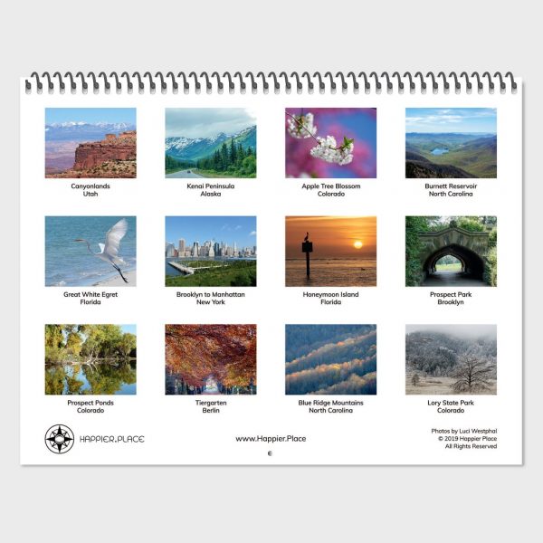 Happier Place 2020 Nature Photography Calendar back cover, overview of 12 calendar pages, Utah, Alaska, Colorado, North Carolina, Florida, New York, Berlin