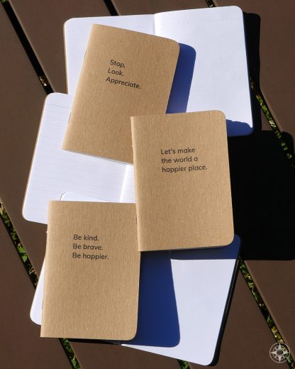 Happier Place pocket notebooks, Stop Look Appreciate, Let's make the world a happier place, Be kind Be brave Be happier, pocket-sized, blank, dotted, lined, recycled, plant-based ink, B corp
