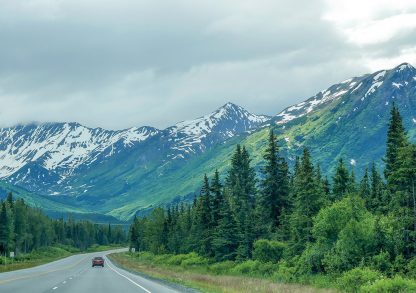 Alaska Highway, snow-covered, green mountains, Kenai Peninsula, pic157: Alaska mountain highway, folded greeting card