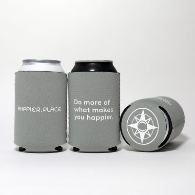 do more of what makes you happier grey can cooler, cozie, neoprene sleeve, happier place