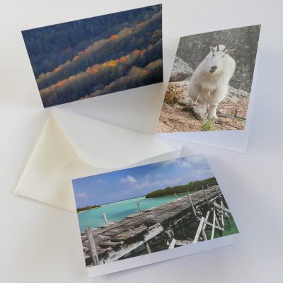 Happier Place folded greeting cards with envelope, nature photography, mountain goat, forest mountain ridges, wooden bridge in Caribbean Sea