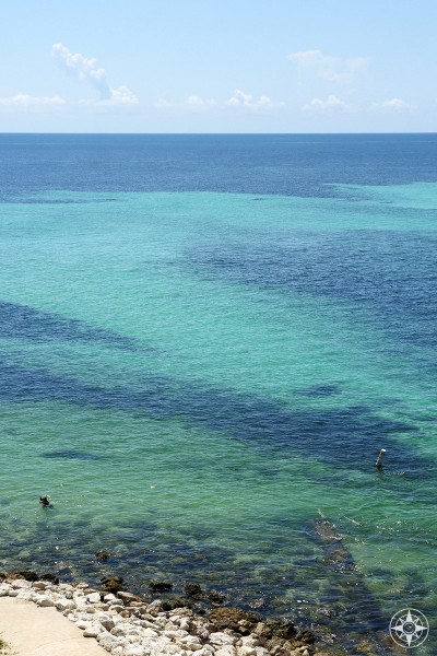Perspective: person snorkeling just off Loggerhead Beach at the bottom left, and all the clear water to be explored beyond. But beware of the current! Bahia Honda Key State Park, Florida Keys, HappierPlace