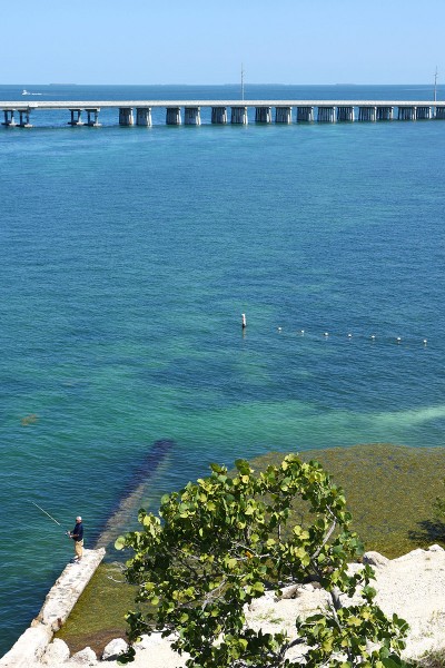 Man fishing from the seawall of Old Bahia Honda Bridge with Overseas Highway in background, clear blue water, Florida State Park, Florida Keys, HappierPlace