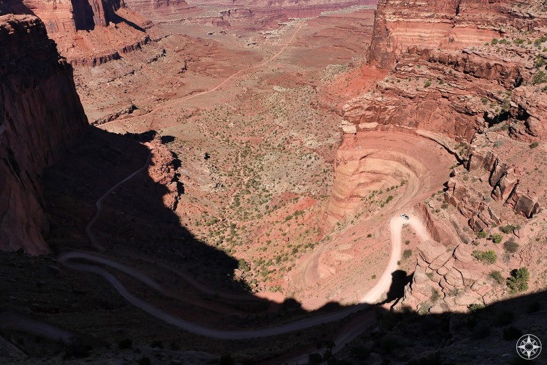Shafer Trail serpentines down into Shafer Canyon from Island in the Sky in Canyonlands.