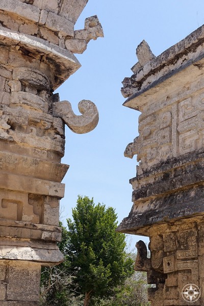 Maya ruins, facade details, Masks with different noses and negative space, Las Monjas Group, Chichén Itzá, Mexico
