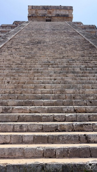 365 steps lead up from the plaza to the temple at the top of the El Castillo pyramid in Maya city of Chichen Itza