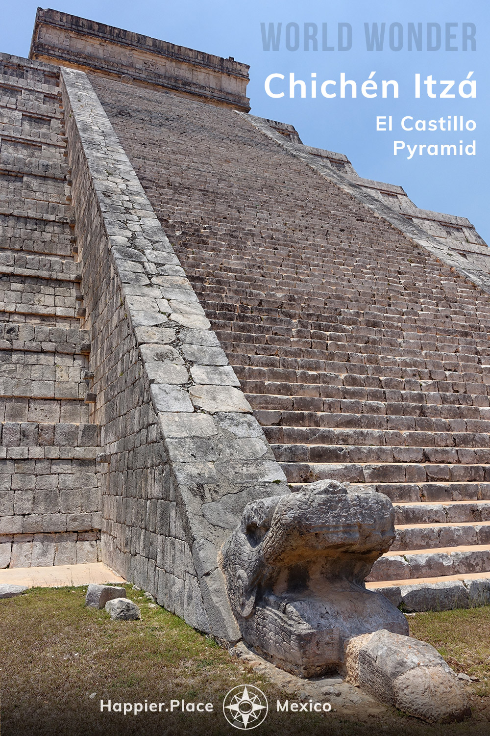 World Wonder El Castillo pyramid, Chichen Itza, Yucatan, Mexico, serpent head and stairs to Temple of Kukulcan, serpent deity, Happier Place