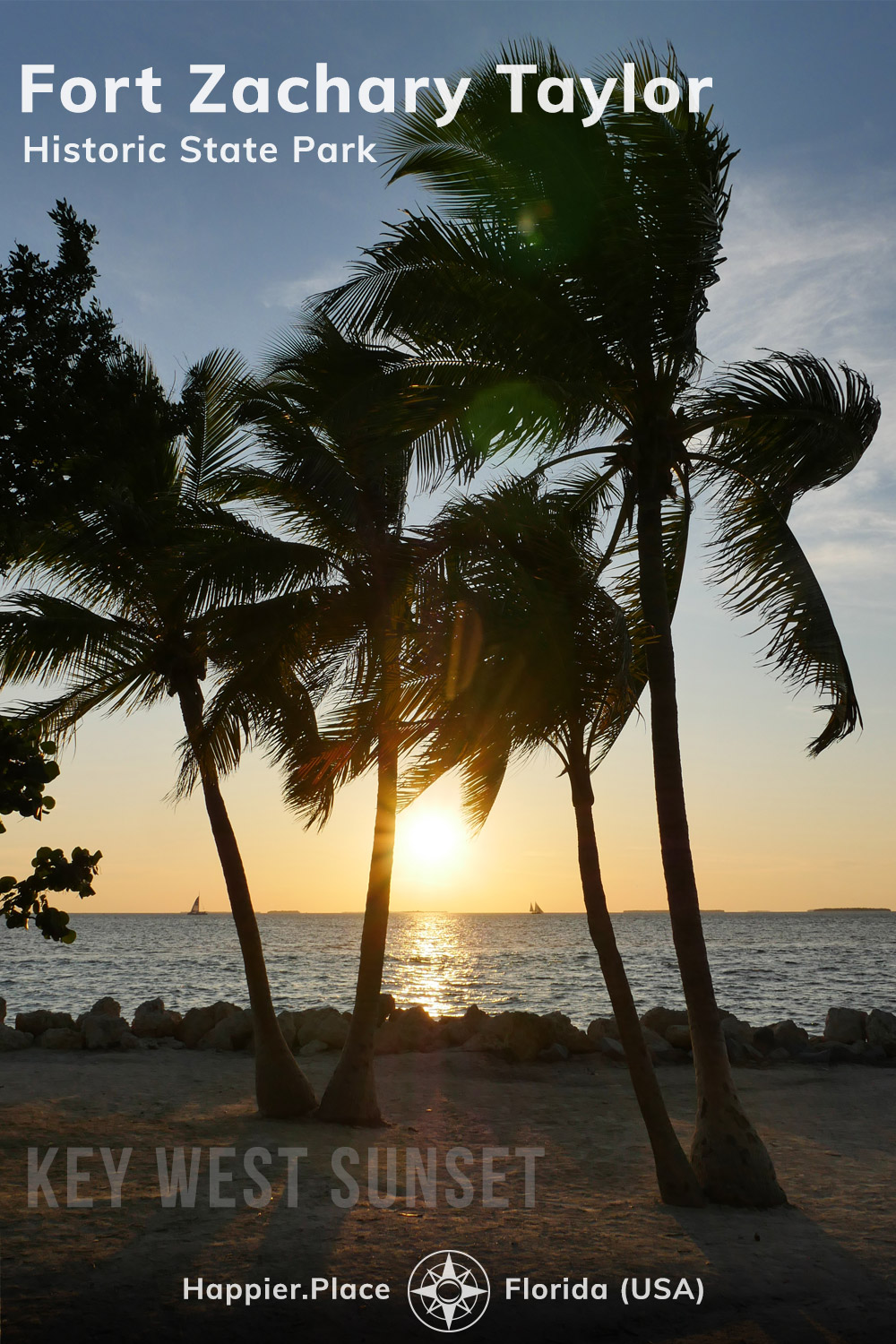 Key West Sunset through wind-swept Palm Trees at Fort Zachary Taylor Historic State Park, Happier Place, Florida
