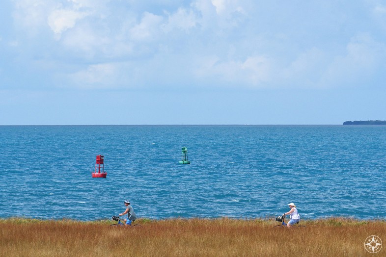 Biking along the shore of Key West, view from Fort Zachary, red and green channel markers 14 and 15, Florida Keys