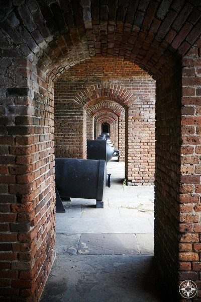 Canons all lined up inside Fort Zachary Taylor in the Florida Keys