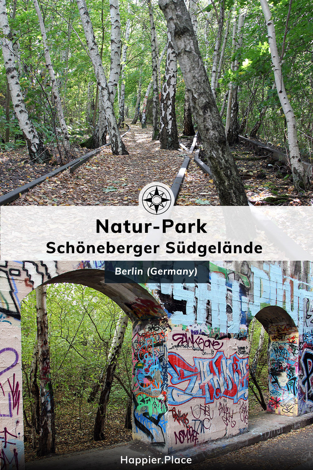 Nature takes over train tracks, graffiti covers walls with view of forest, Berlin Natur-Park Schoeneberger Suedgelaende, Happier Place