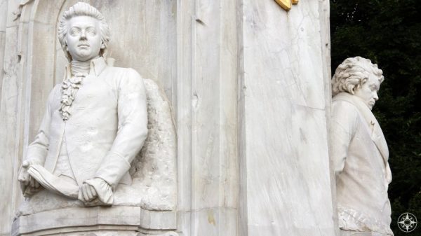 Mozart and always-grumpy-looking Beethoven, statue, Tiergarten, Berlin, Germany.