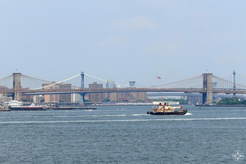 View from Staten Island Ferry of boats on East River, Brooklyn Bridge, Manhattan Bridge, Williamsburg Bridge, Manhattan, helicopter, NYC, HappierPlace
