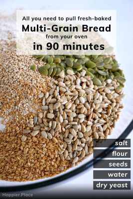 flax, sesame, sunflower, pumpkin seeds, flour, yeast, salt in bowl - all you need to pull fresh-baked multi-grain bread from your oven in 90 minutes