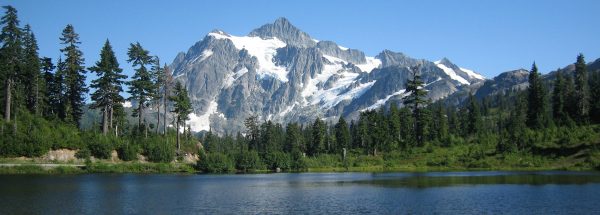 Mount Shuksan and lake in Washington State, snow, trees, blue sky, Happier Place