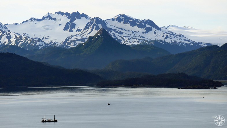 China Poot Peak, baby, boat, snow, green, Kachemak Bay, Alaska
