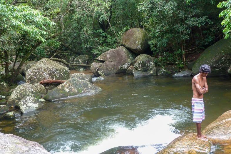 young man, waterfall, swimming trunks, Brazil