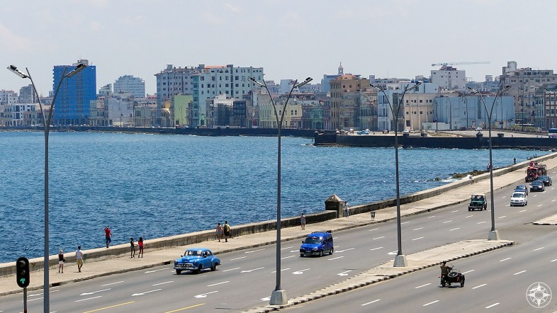 The Malecón roadway, esplanade and seawall as it bends along the old center of Havana