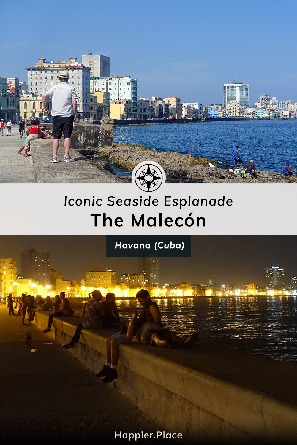 Day and night along the Malecón, iconic seaside esplanade, Havana, Cuba, Happier Place