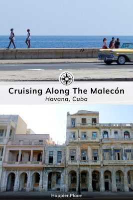 Cruising Along The Malecón, Havana, Cuba, girls walking on seawall, yellow classic car, colorful facades