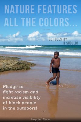 Black boy on the beach with reflection, Pledge to fight racism and increase visibility of black people in the outdoors, nature features all the colors, but does it, it should
