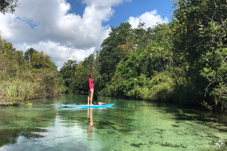 woman on stand-up paddle board on crystal-clear Florida river, Weeki Wachee, Happier Place