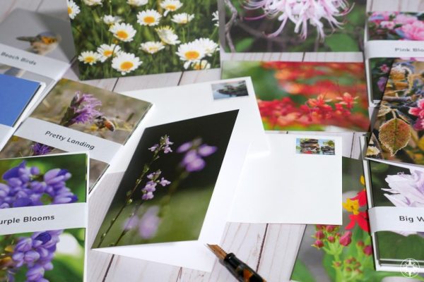 Flower photography greeting cards with envelopes, fountain pen, great outdoors stamp, Happier Place, photos by Luci Westphal