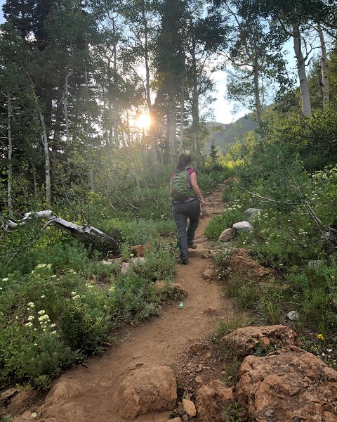 Lost Gorge Mysteries author M.K. Dymock hiking up a mountain trail above Alta Ski Resort, among trees and wildflowers with her trusted day pack.