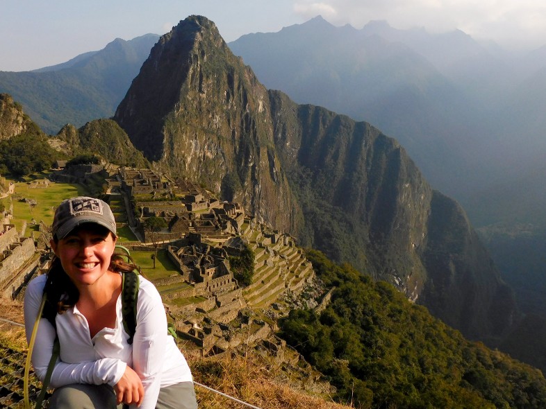 Outdoor mysteries author and avid hiker at Machu Picchu in Peru