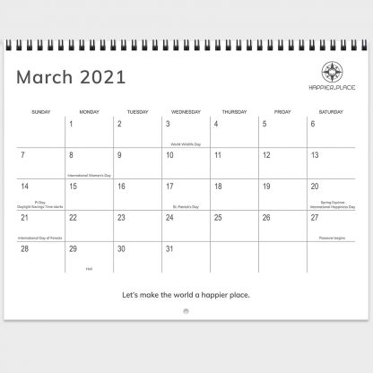 2021 March calendar page, Womens Day, World Wildlife Day, Pi Day, Daylight Savings Time, St. Patrick's Day, Spring Equinox, Happiness Day, Day of Forests, Passover begins