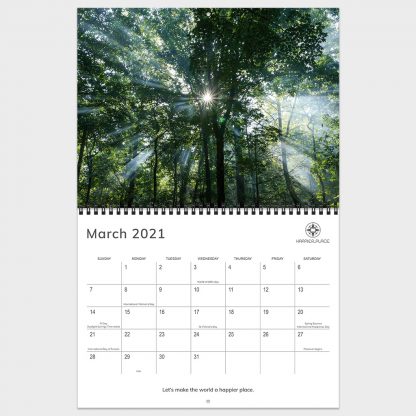 2021 Happier Place Nature Photography Calendar, March calendar pages featuring sunlight rays bursting through trees, Chattahoochee National Forest, Georgia