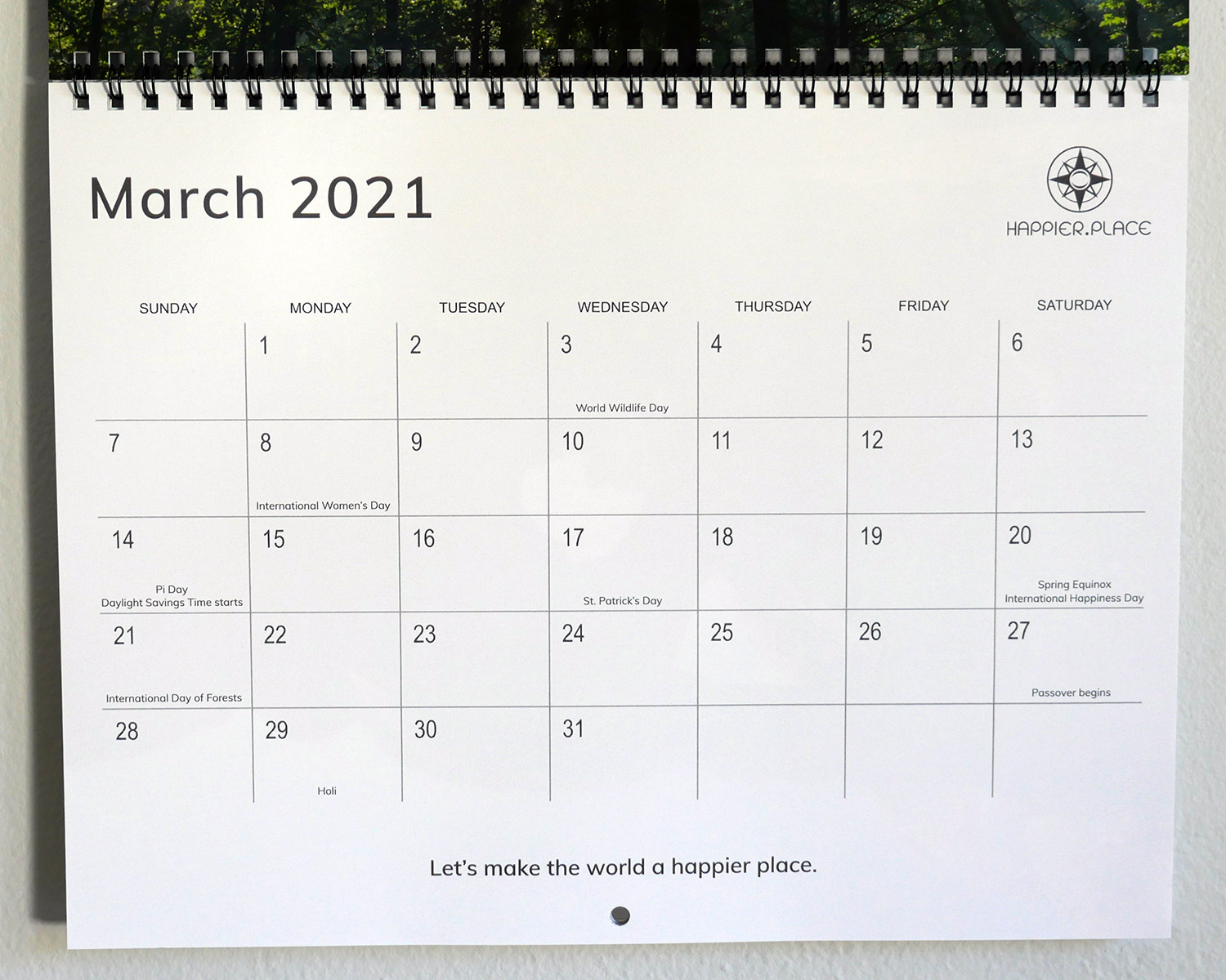 March 2021 calendar page, Happier Place nature calendar, let's make the world a happier place, holidays, wildlife day, forest day