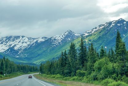 Alaska Highway, snow-covered, green mountains, Kenai Peninsula, pic157: Alaska mountain highway, postcard