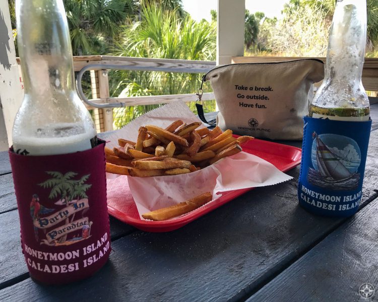 Take a break, go out, have fun, Happier Place canvas ready bag, Caladesi Island, Honeymoon Island, koozies, beer, french fries 